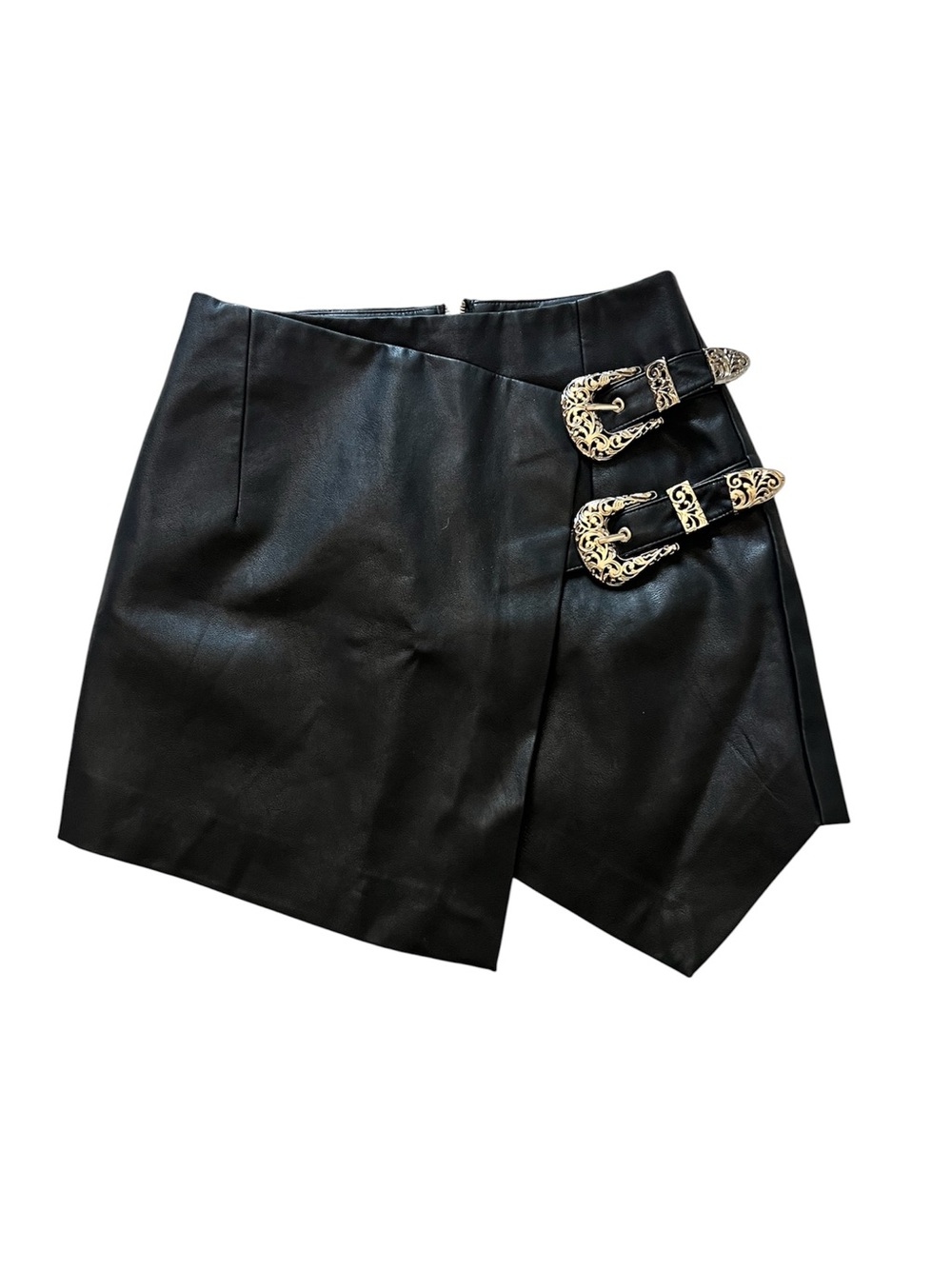 Forever 21 Black Faux Leather Mini Skirt with Silver Buckles